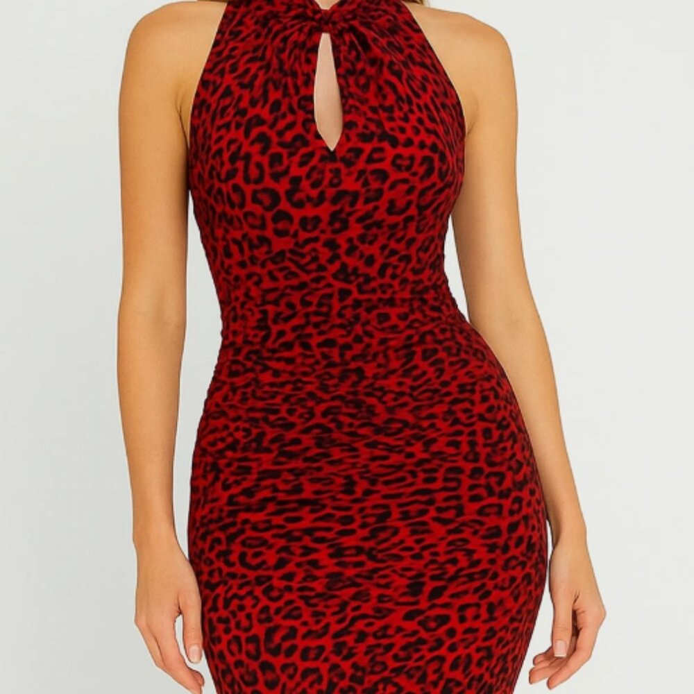 Cache XS Red Black Leopard Animal Print Sleeveless Bodycon Dress